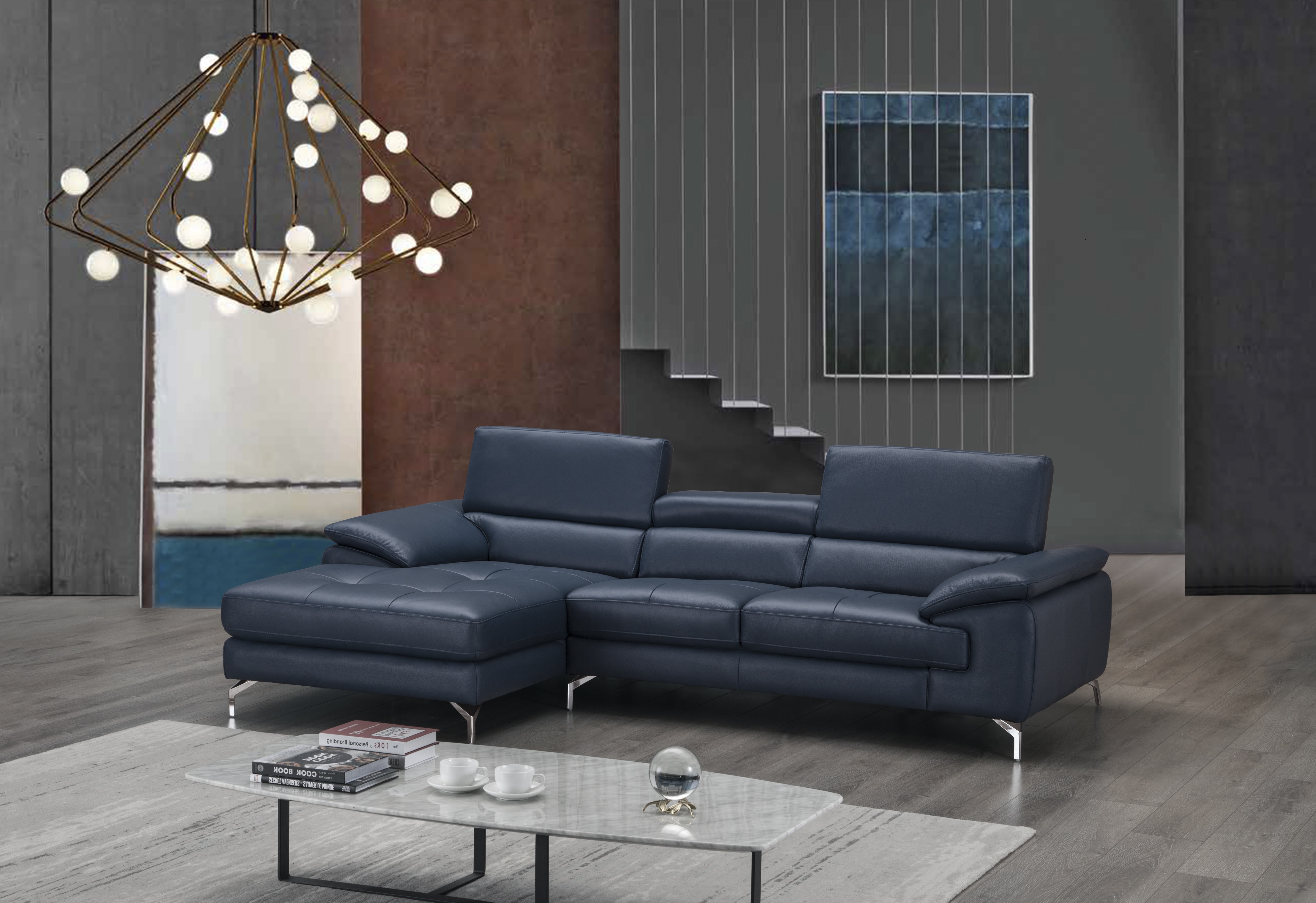 A973B Italian Leather Left Facing Chaise Mini Sectional in Blue by J&M