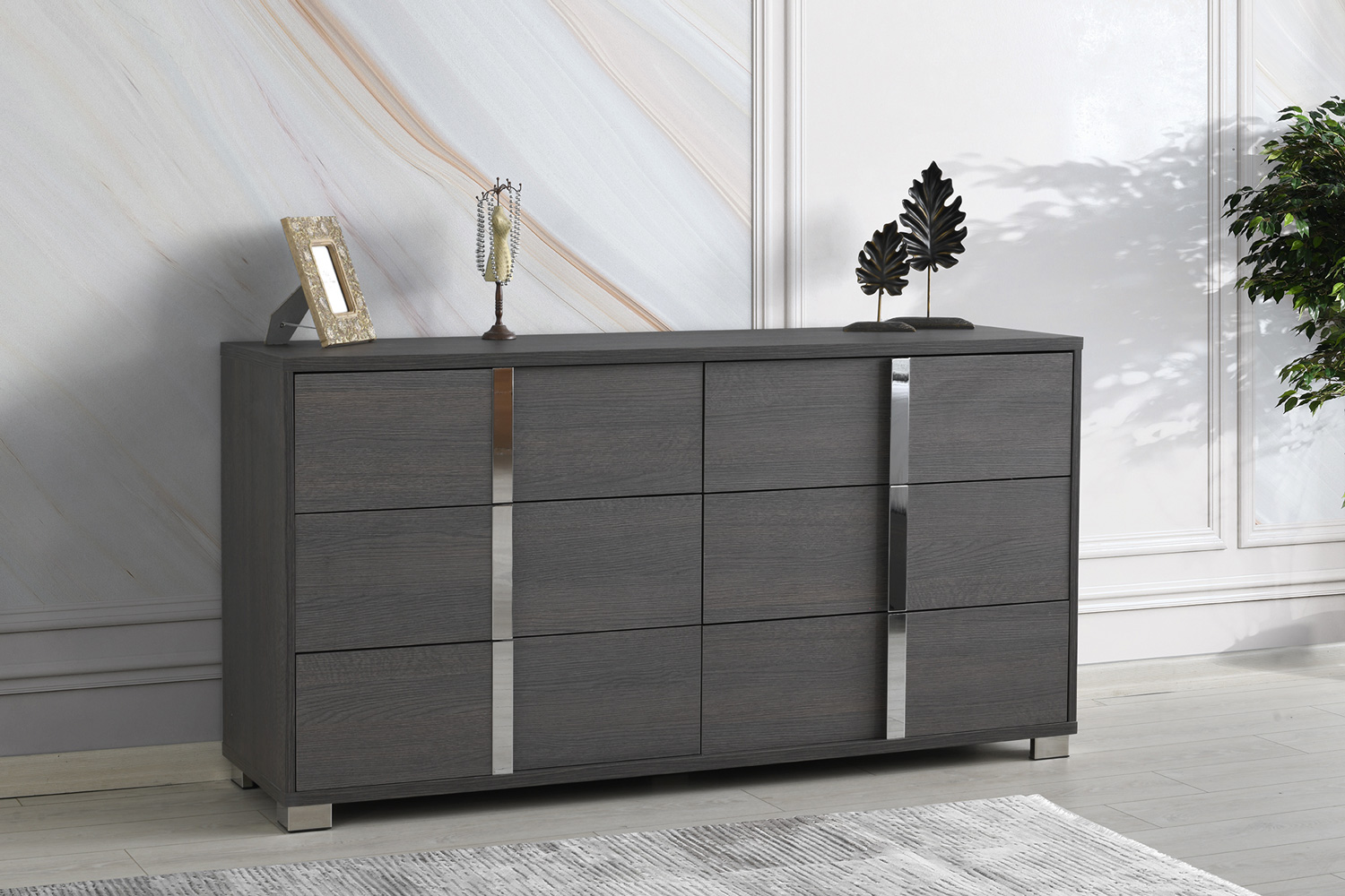 gloss grey dresser Amerlife Lena 6-Drawers Dresser 54" W High Gloss Silver Grooved Handles Modern Storage Chest White