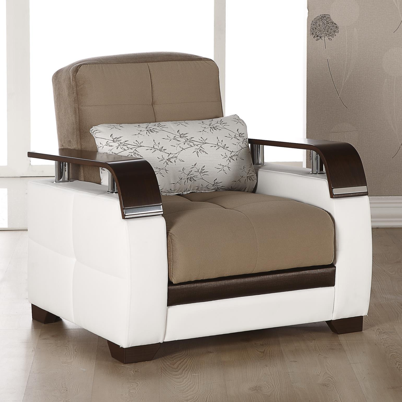 Bellona USA Natural Fabric/PU Storage Sleeper Armchair w/Wooden Armrests - Thumbnail 4